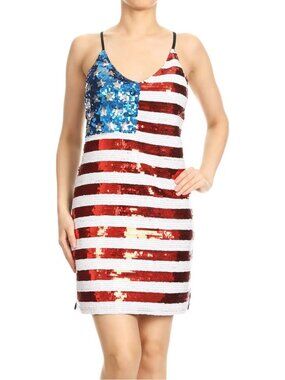 Anna-Kaci Women's Spaghetti Strap Sleeveless USA American Flag Patriotic Sequin
